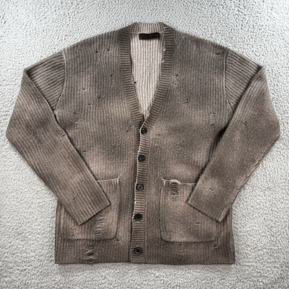 $998 New John Varvatos Collection Distressed Cashmere Cardigan Tan Medium